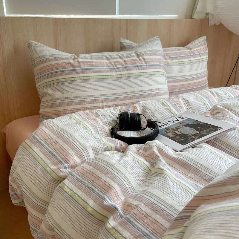 simple wind-washed pure cotton striped sheet four-piece set, choose 1.2M bed for dormitory models Y260124-image-1093147186