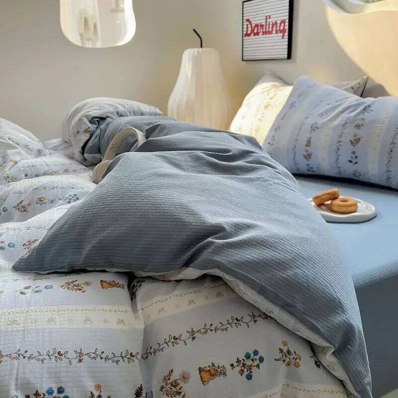 Bedding Duvet Cover Fresh Blue Floral. Wrinkled Yann Set Of Four Pieces, Washing Cotton Bed Sheets Y260124-image-1093145835