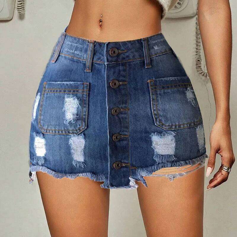 2026 Luxury Fashion Europe And The United States Burst Short Denim New Hole Slim-Fit Wrap Hip Skirt C260205-image-1094351671
