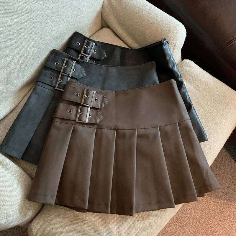 S-3XL Y2K Pu Leather Mini Women Streetwear High Waist Pleated Skirt Vintage Korean Black Slim Casual A Line Skirts C260126-image-1093223629