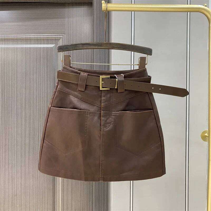 High waisted half body women's 2024 autumn winter new A-line retro PU short skirt, coffee leather skirt C260126-image-1093223884