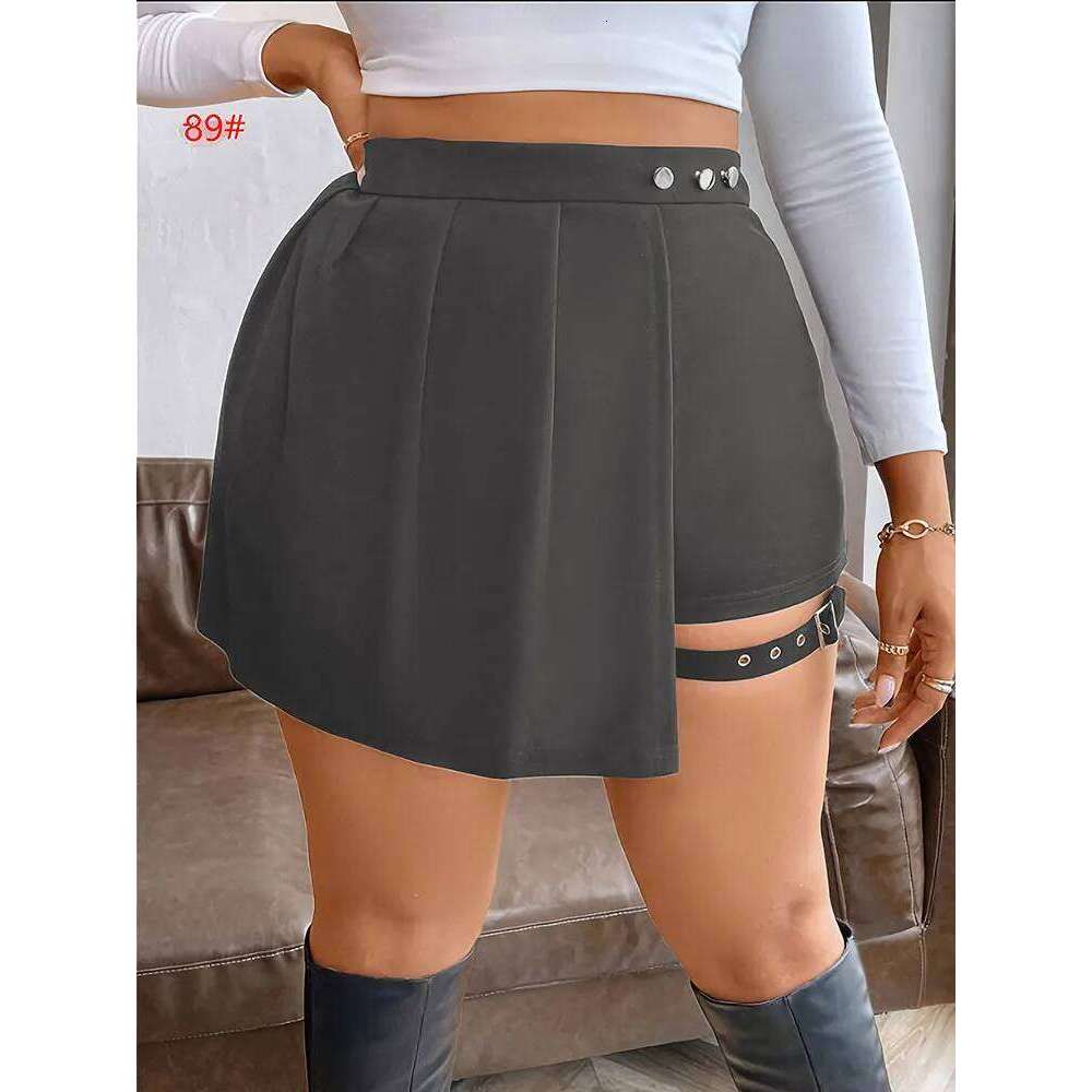 New Plus Size Metal Button Irregular Skirt Pants Sexy Thigh Strap Solid Mini Culottes Fashion Versatile Women's Clothing Bottoms C260126-image-1093224327