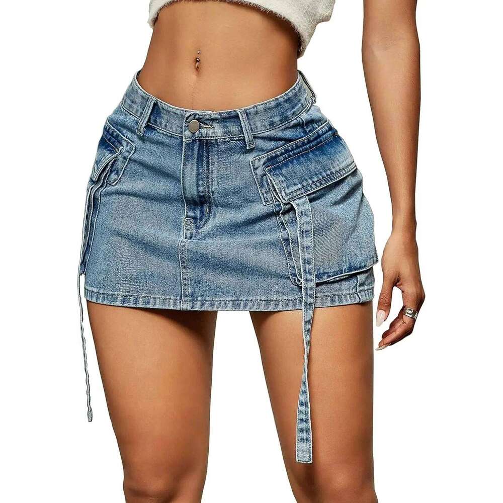 New Cargo Women Y2k Button Mini Jeans Denim Skirt with Pocket Low Waist C260205-image-1094351761
