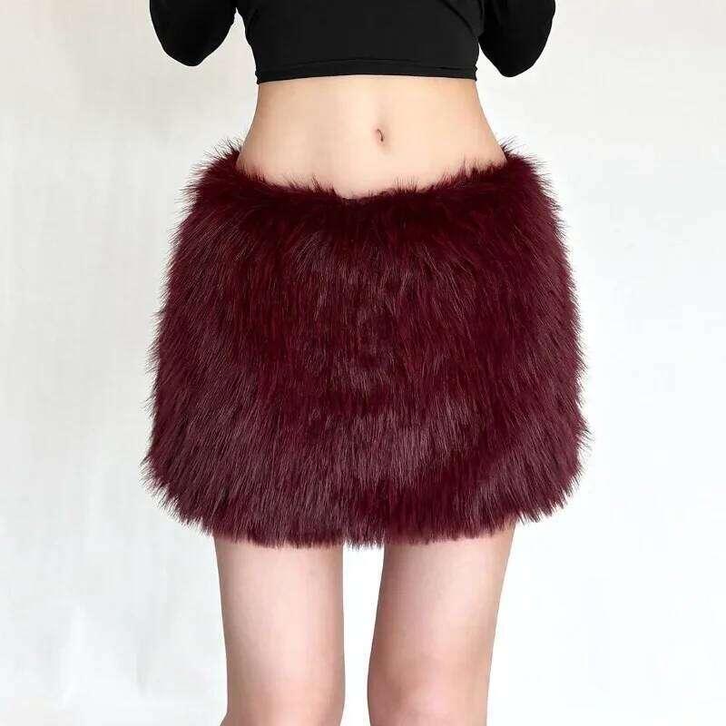 Winter Fashion High Waist Furry for Spicy Girl Stylish Slim Short Bodycon Skirt with Belt Women's Chic Burgundy Skirts C260205-image-1094351731