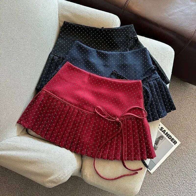 Preppy Varsity Korean Japan Style Sweet Bloe Gyaru Women's short Polka Dot Solid color Bow Pleated Skirt Mini skirt Summer C260126-image-1093223640