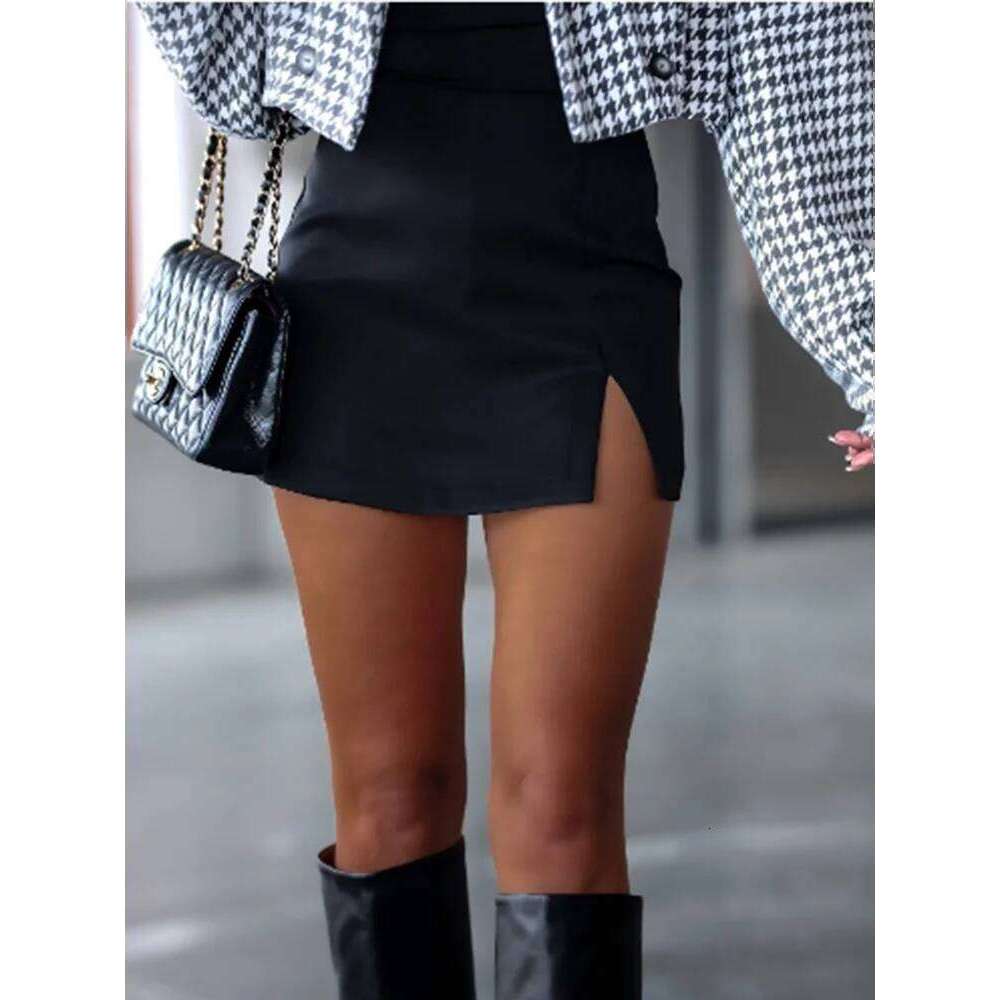 Sexy Split Short Women's Solid Color Mini Fashion Casual Autumn Black Skirt C260126-image-1093224562