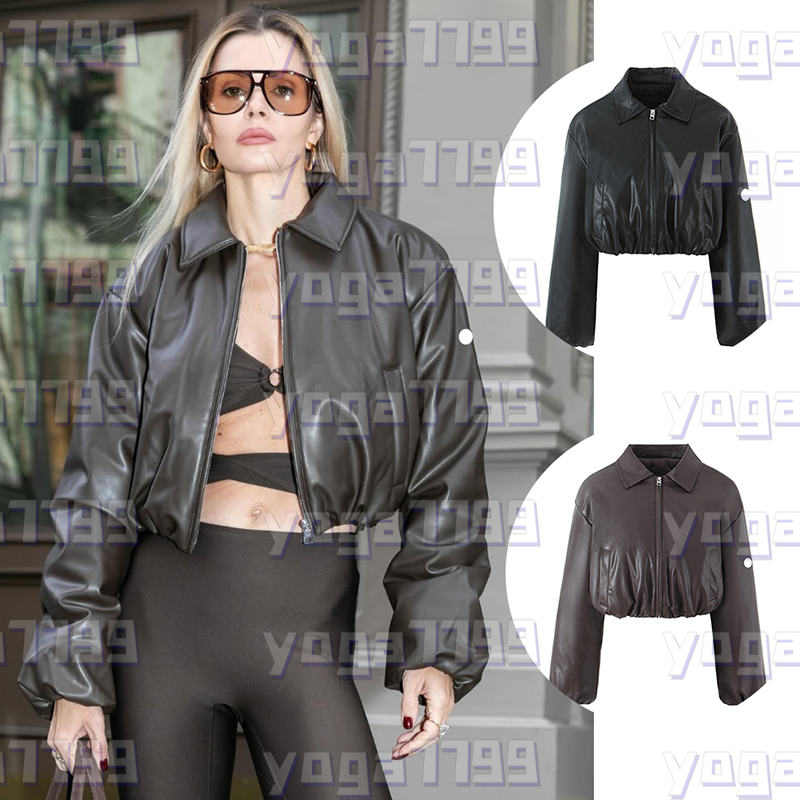 Yoga Coat Casual Jackets Faux Leather Cropped Puffer Coat Lapel Long Sleeve Quilted Thickened Cotton Padded Outerwear for Women Solid Color Black Br