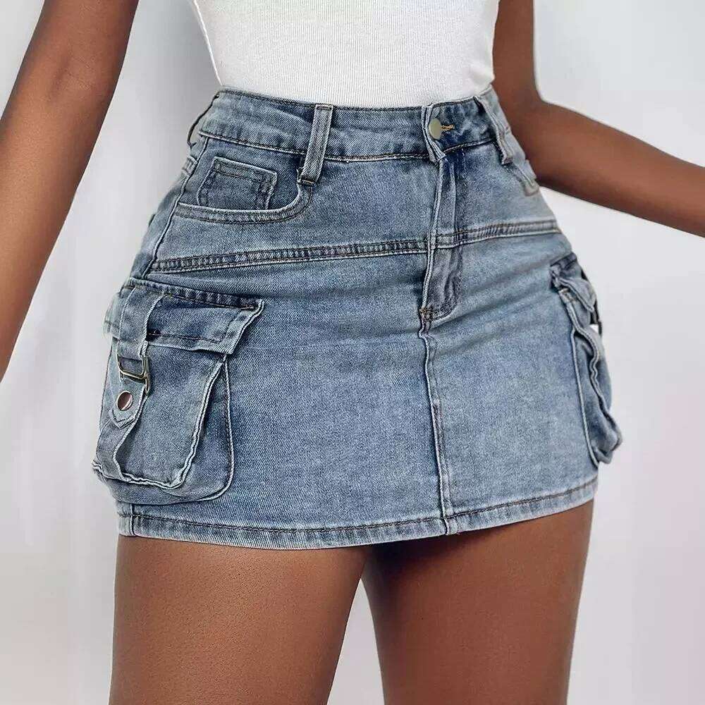 Pocket Design Buckled Denim Women High Waist Short Mini Skirt Sexy Summer Fashion C260126-image-1093223780
