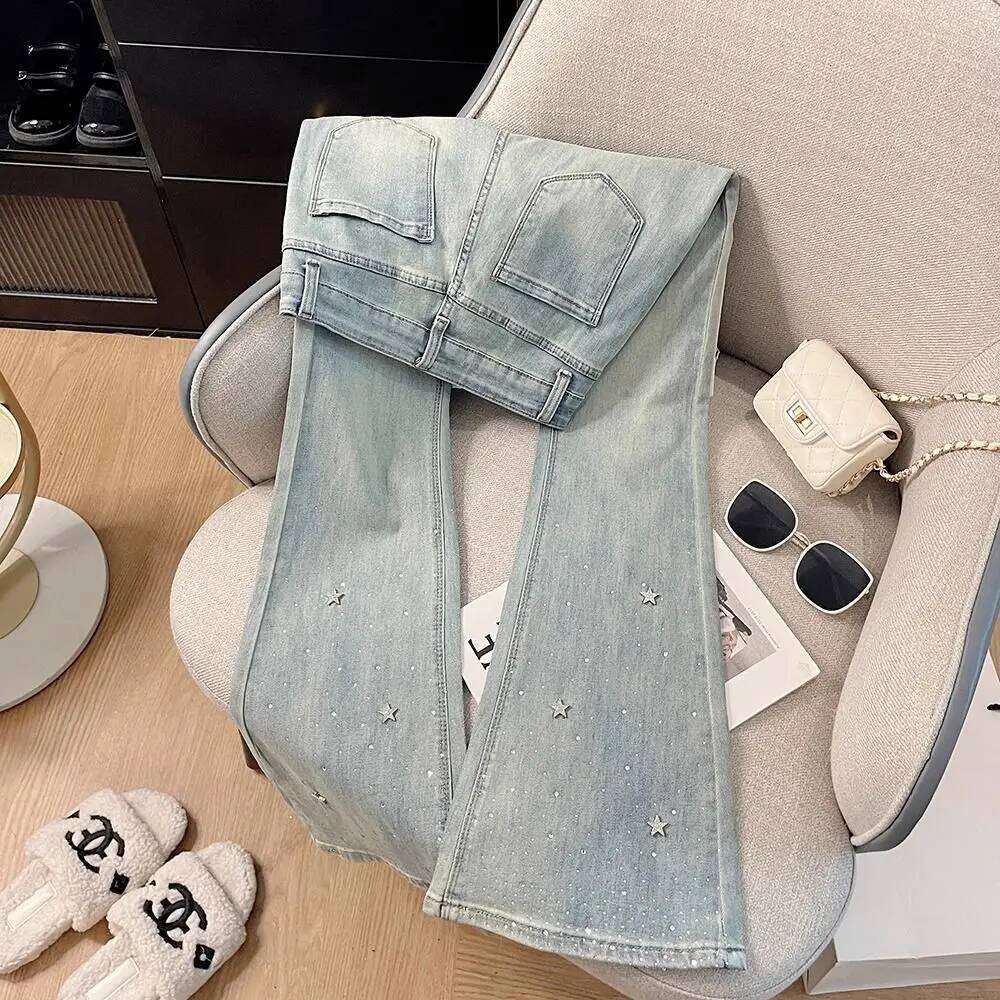 Heavy-Duty Star Rhinestone Shiny Light Blue Jeans Women's Summer High Waist Slim Stretch Flared Pants C260126