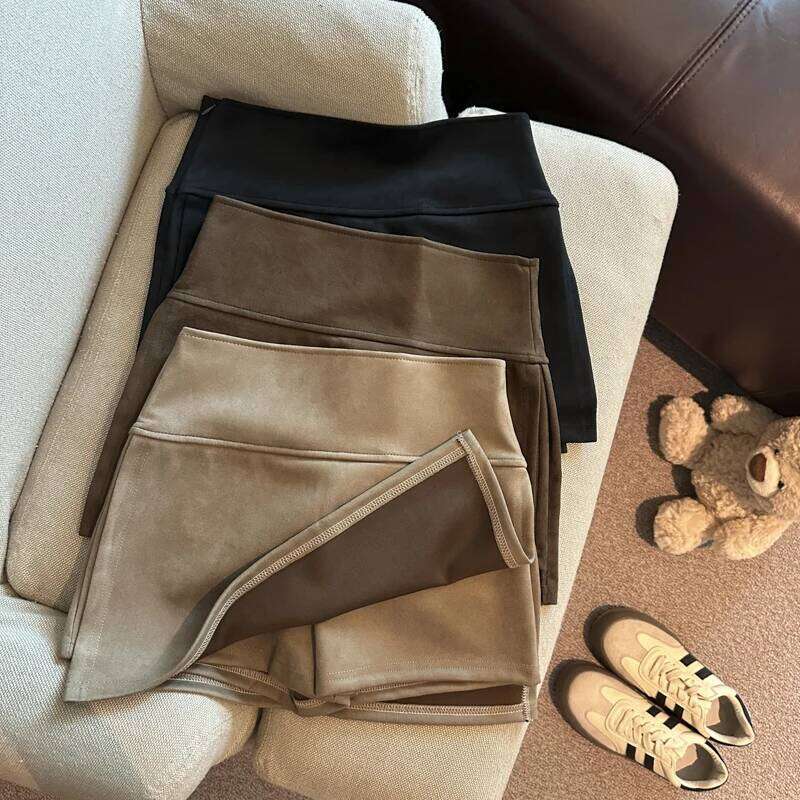 Solid Color Suede Women's Autumn Winter Fashion High Waisted A-Line Bodycon Flared Slit Short Pants Skirt C260126-image-1093223855