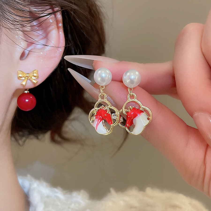 Silver Needle Pony Bow Pearl New Chinese Style Daily Versatile Zodiac Year Young Luxury High-end Earrings-image-1095217744