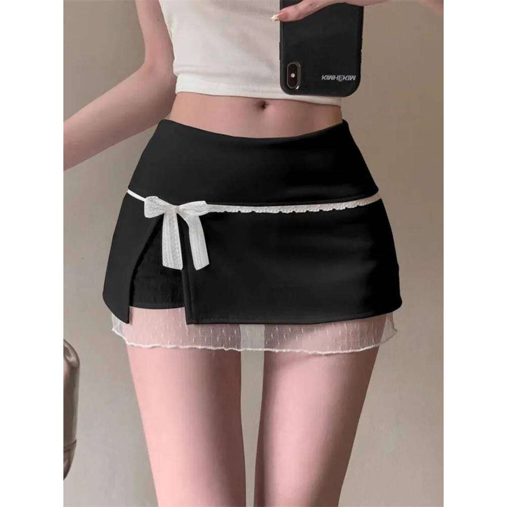 Sweet Lace Patchwork Women Summer Japanese Kawaii Bow Mini Fashion Low Waist Preppy Slit A Line Skirts New C260126-image-1093224499