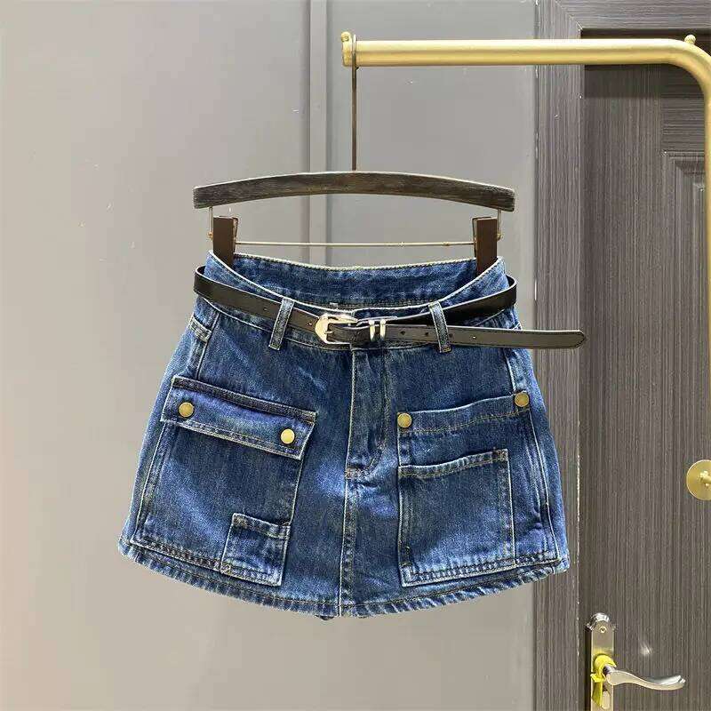 Dark Denim Short Women's High-waisted Culottes Summer New Tooling Wide-leg A-word Shorts Skirt C260126-image-1093224174