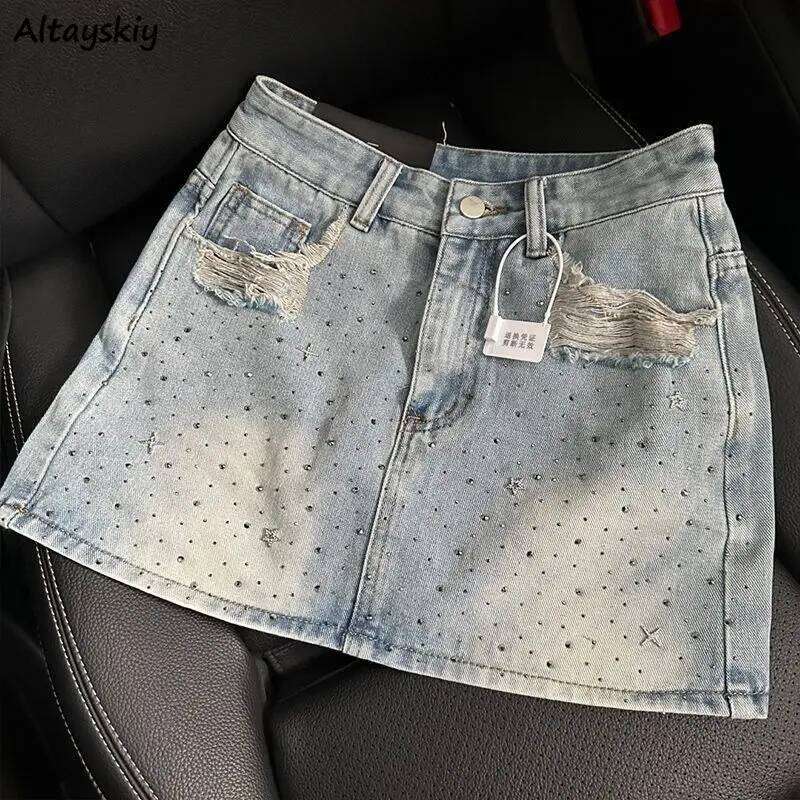 Vintage Denim Starry Skirts Women Mini Rhinestone A-line Korean Style Hot Spicy Girls Summer Streetwear Stylish 4XL Chic C260126-image-1093224248