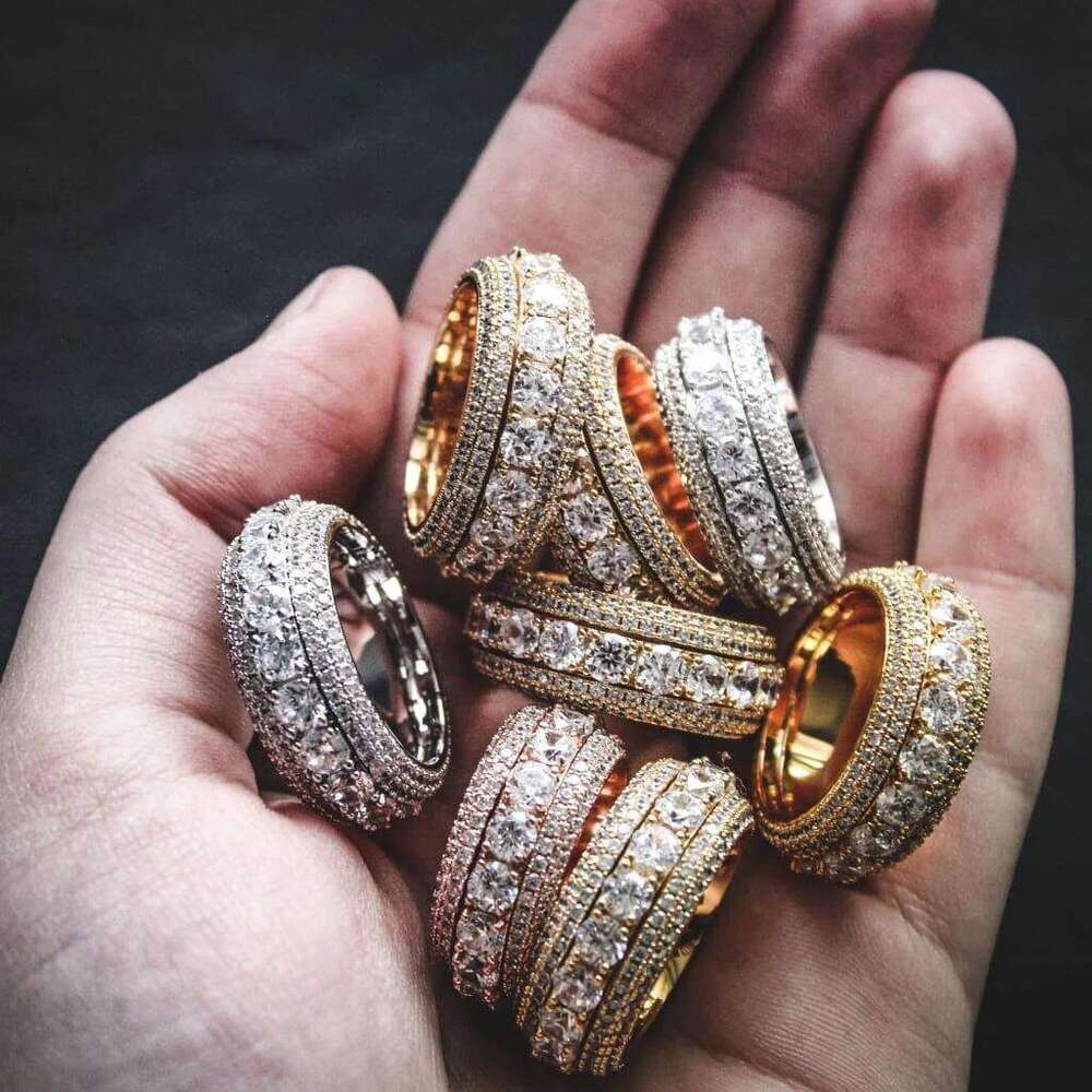 New Micro-Inlaid Three-Row Full Moissanite diamond ring Trendy Hip-Hop Men's Round Ring Cross-Border