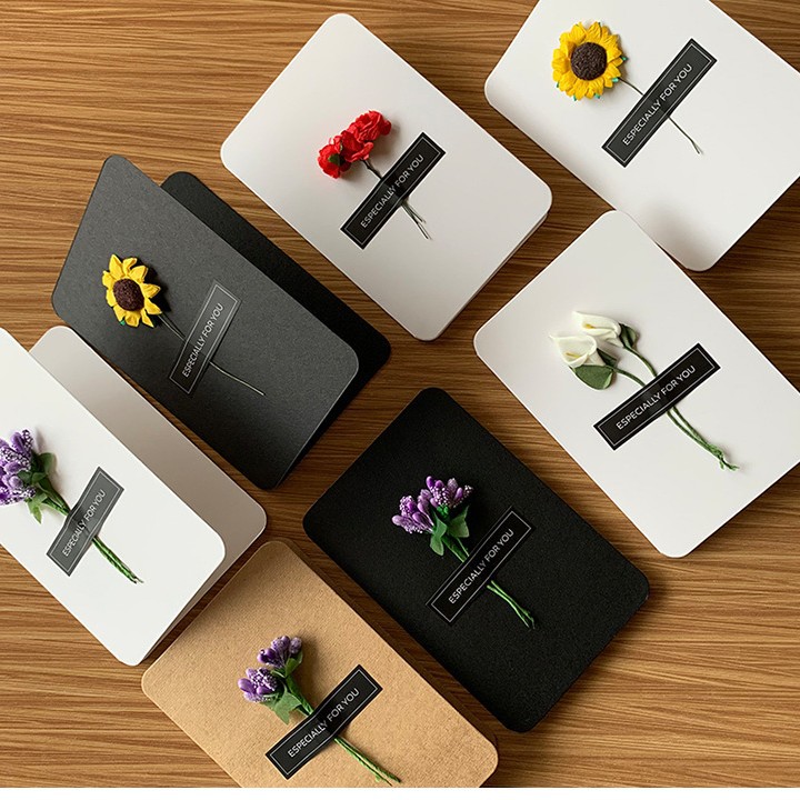 Artificial Flower Folded Greeting Cards Decorated With Sunflower/Lavender For Birthday/Valentines Day/Mothers Day White/Black/Kraft 46-in K260318-image-1098009273
