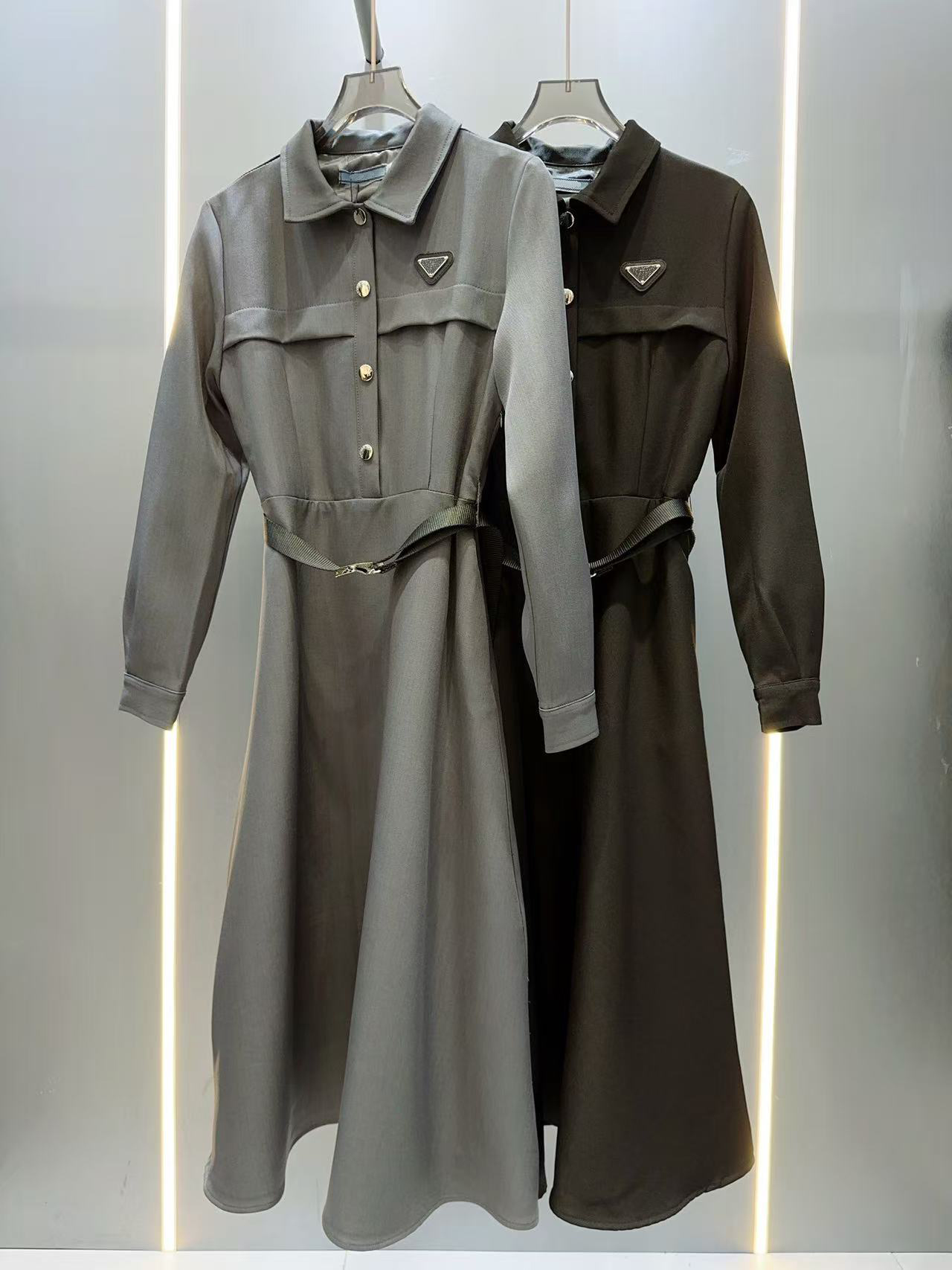 Spring 2026 New Arrival Classic Triangle Logo Decorated Lapel Belted Waist Cinched Long Sleeve Dress Mid-Length Skirt
