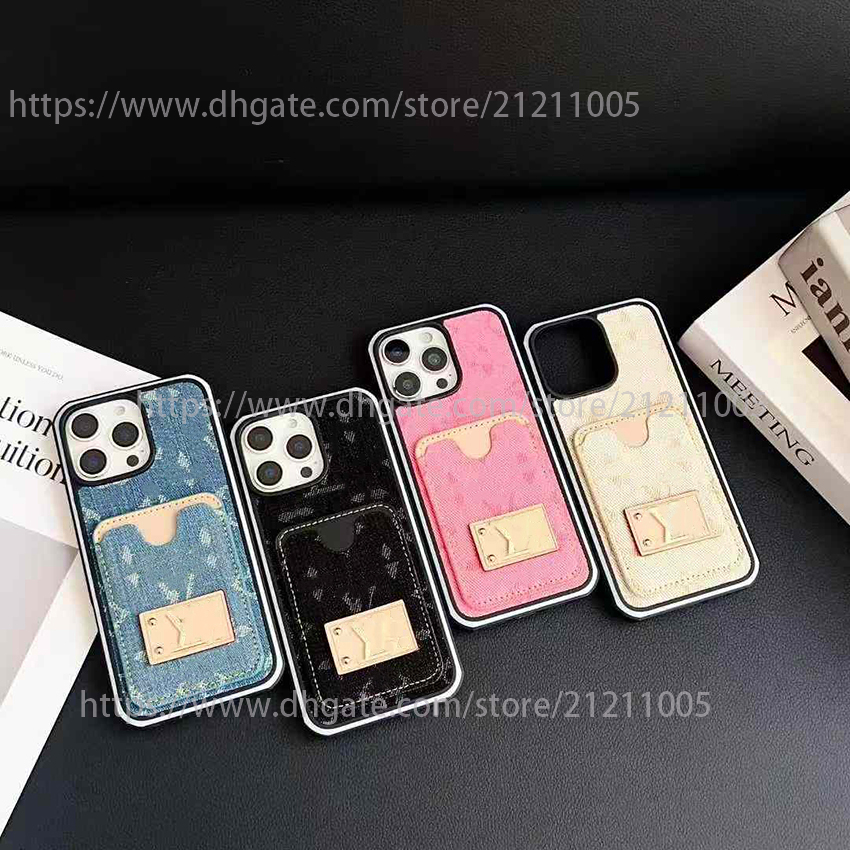 1V Phone Case For Iphone 16 15 14 13 Pro 12 11 Max Plus 16Pro Denim Fabric Print Phone Case Luxury Color Blocking Card Pocket 15Pro Cover 14Promax G