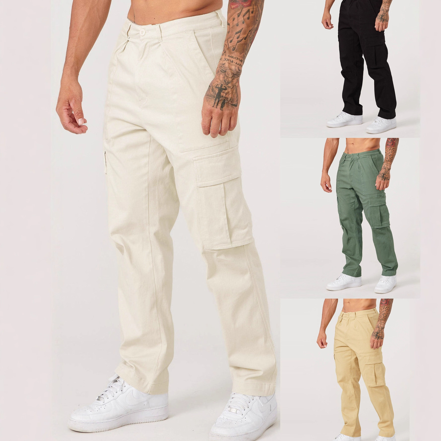 2026 Men's Cargo Jogger Pants Patchwork Design Tapered Sweatpants Solid Color Spring Casual Wear