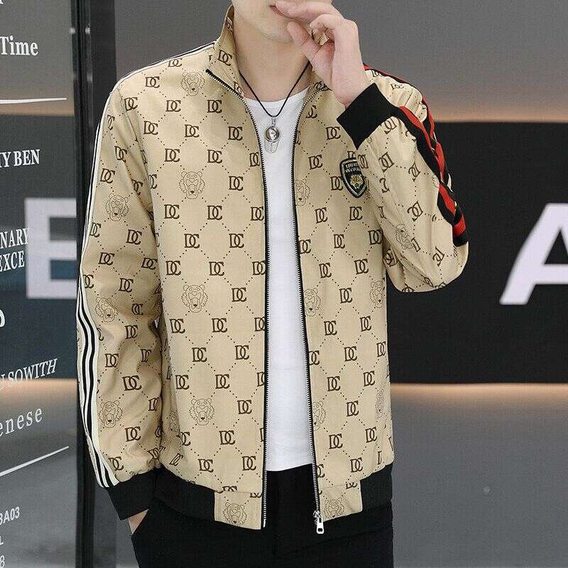 Jacket For Men Vintage Inspired Monogram Print Full Zipper Front Long Sleeve Casual Short Outerwear With Contrast Trim Design Beige