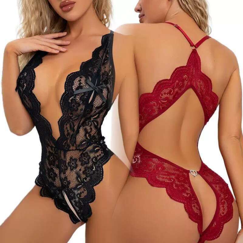 Body sexy en dentelle avec col en V profond et dos ouvert avec broderie florale, lingerie élégante noir rouge pour vêtements de nuit, moments rom