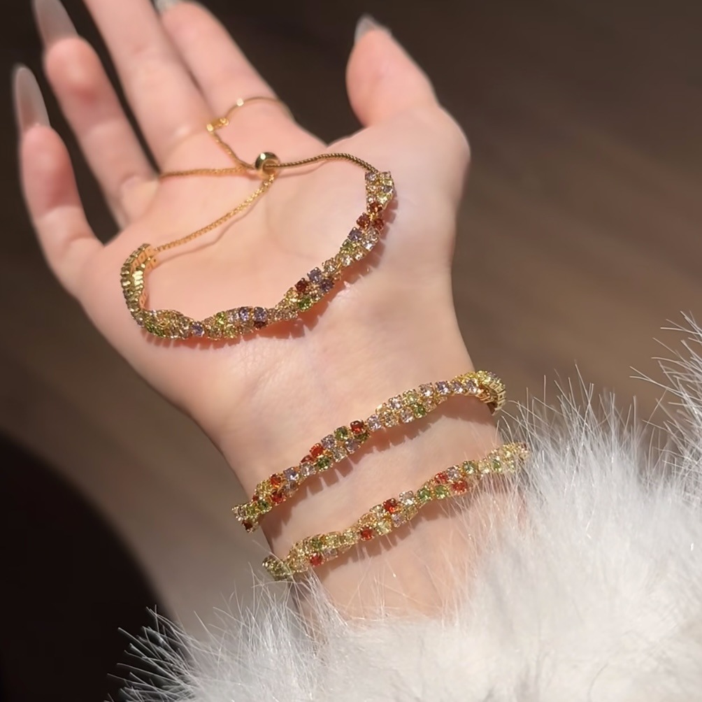 Colorful Zircon Inlaid Pull-out Bracelet Fashion Versatile Light Luxury Style Elegant Temperament Design Sense Women's Jewelry-image-1095171975