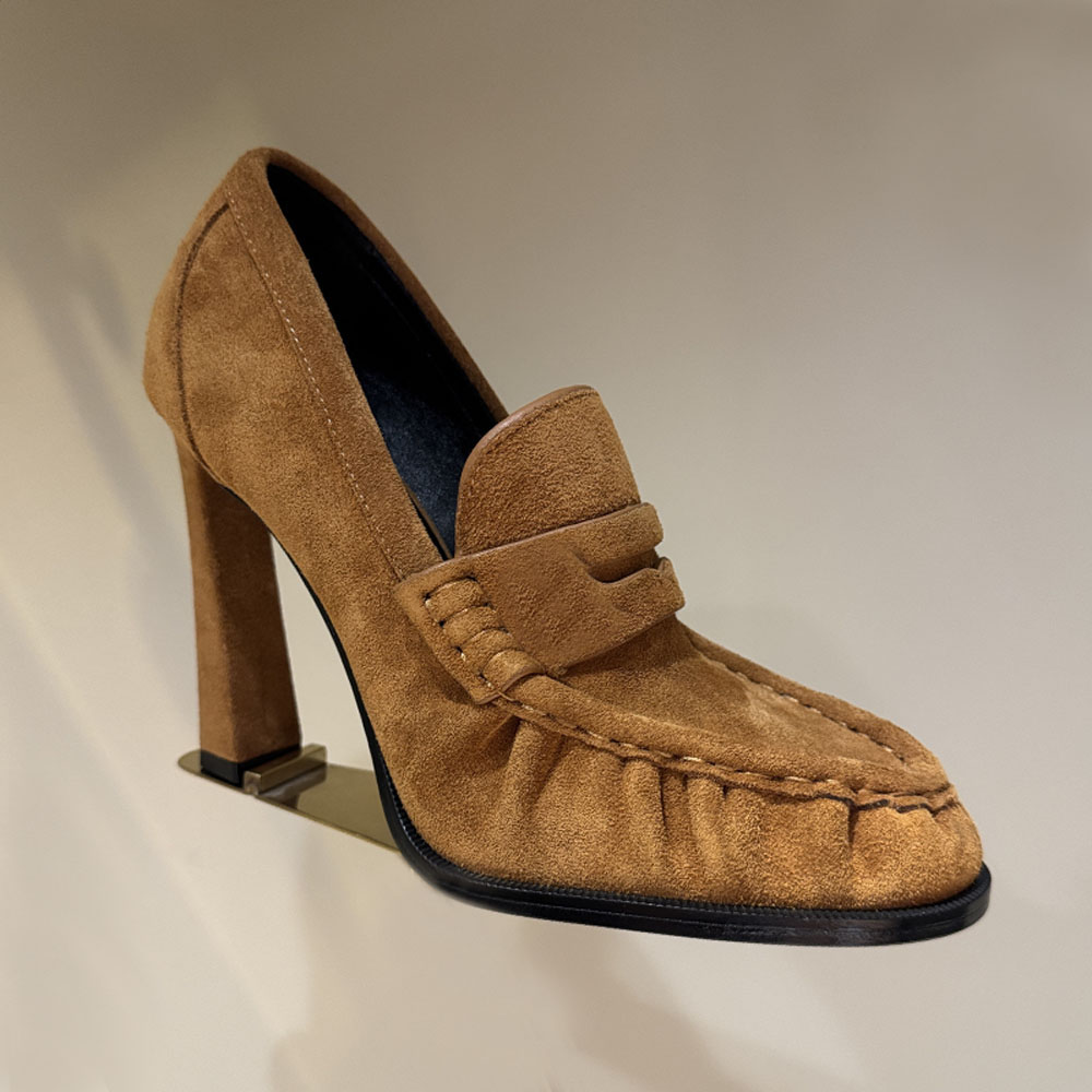 Designer Bouts Ronds Détails Plissés Pompes En Cuir Véritable Talon Aiguille Chaussures Habillées Bouton Mode Dames En Daim Femmes Glissent Sur D