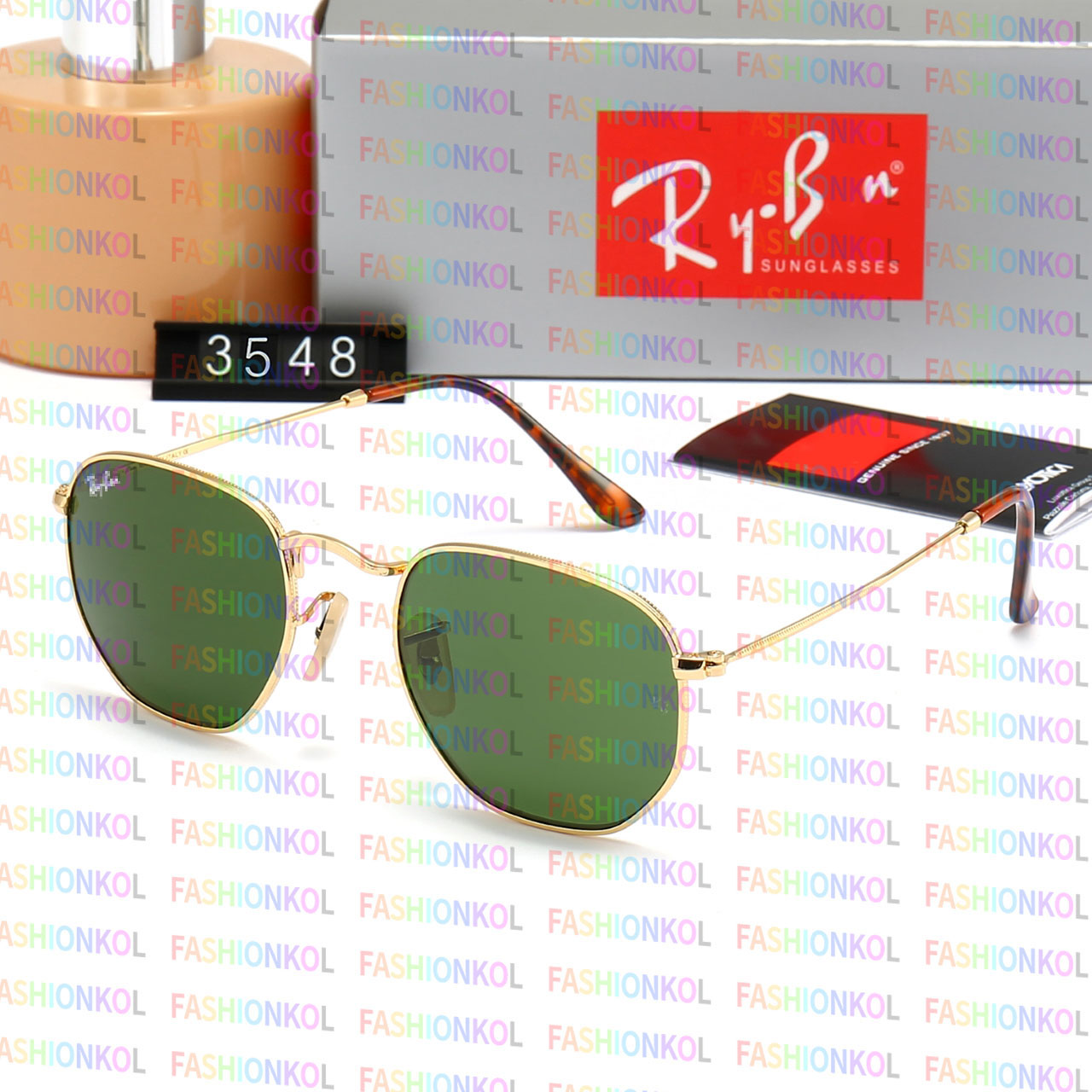 Top Gafas RB3548 HEXAGONAL Sunglasses Luxury Gold and G-15 Green lenses Glasses High quality gold metal frame sunglasses with Sunglasses case