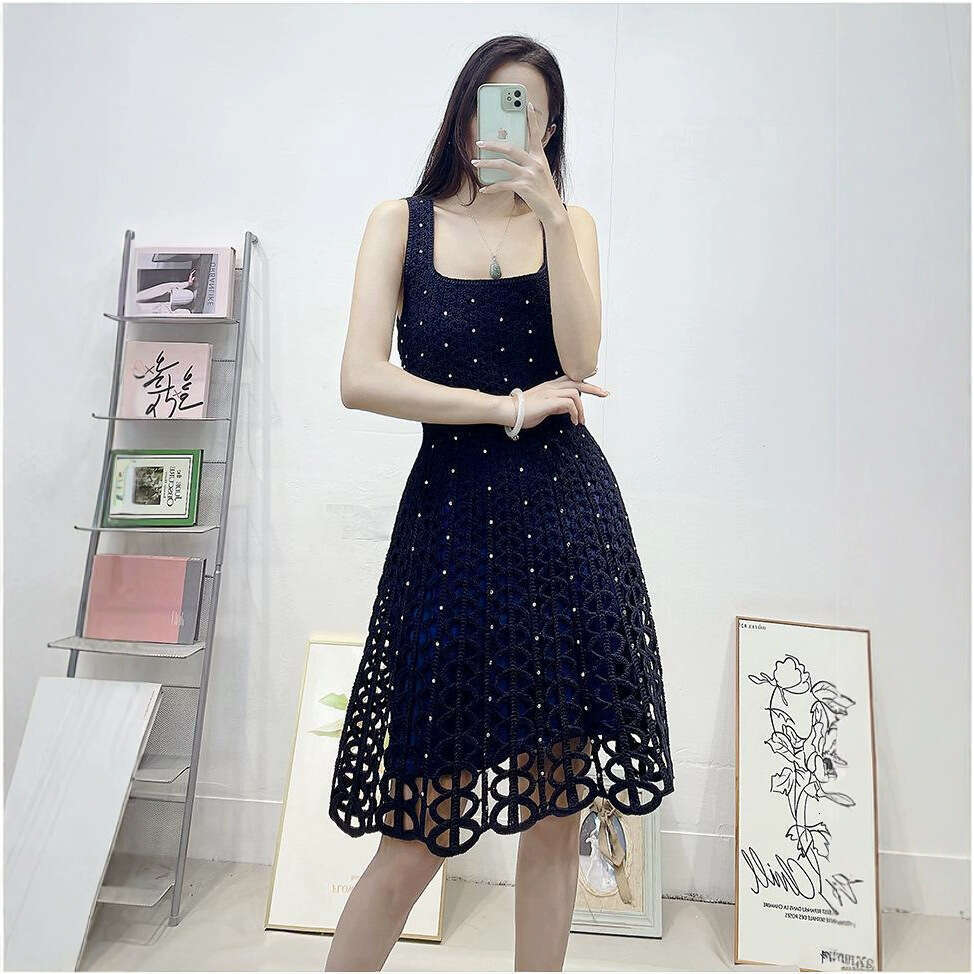 M19 2026 summer new dark blue embellished square neck slim fit hollow suspender dress for women