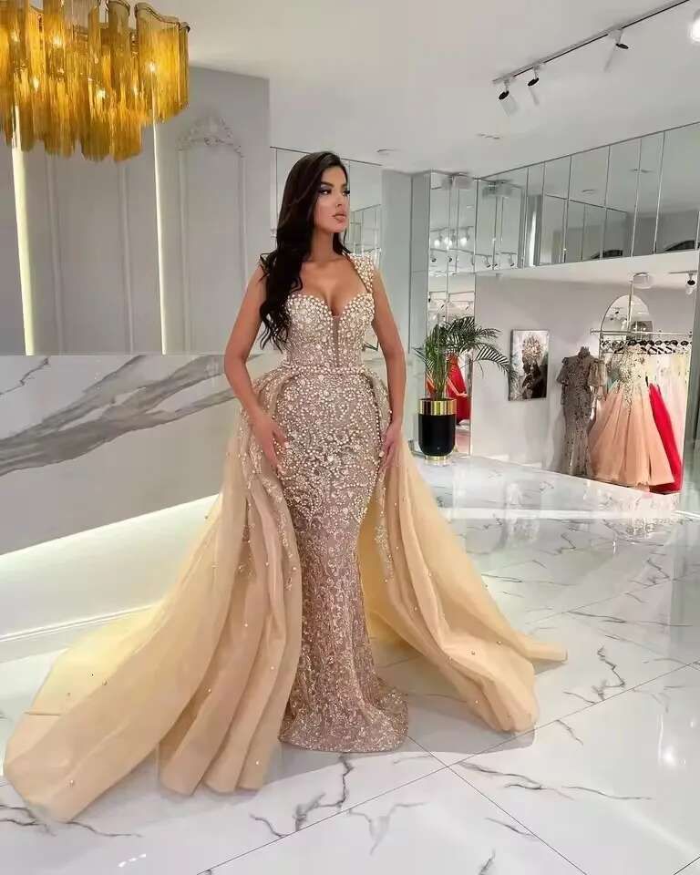 Elegant Champagne Evening Detachable Traig Cap Sleeve Pearls Beads Dubai Arabic Formal Mermaid Prom Dress Customized sunny