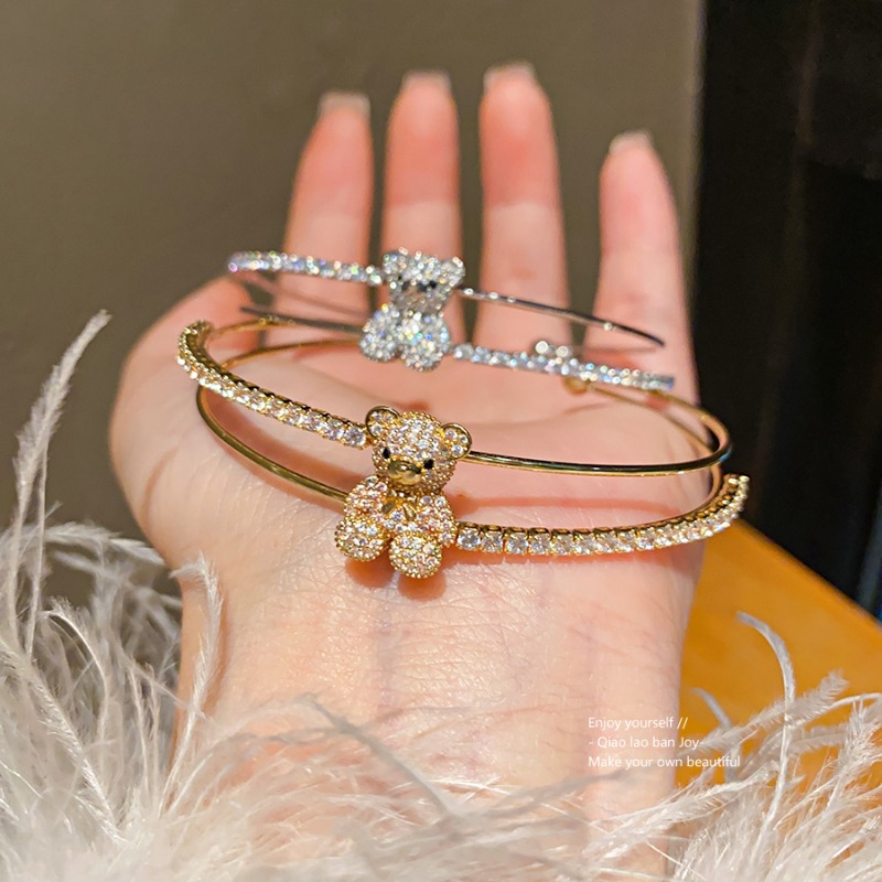 Bijoux ours en peluche Zircon Bracelet Double couche cristal ouvert manchette Bracelet pour les femmes