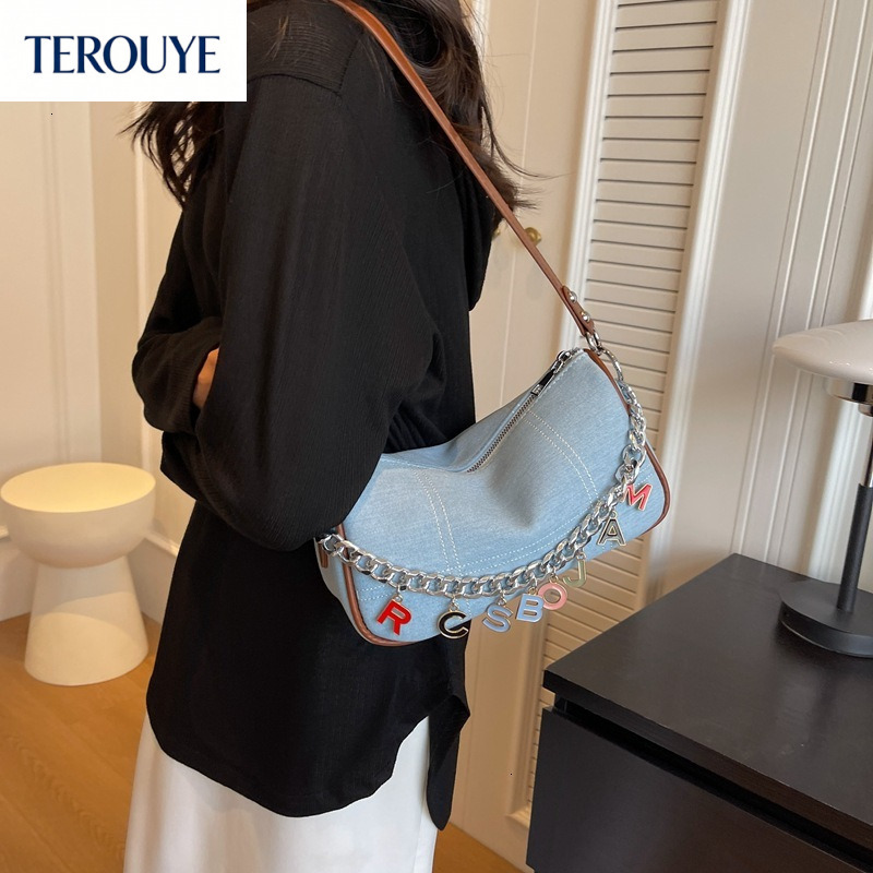 terouye autumn and winter new french niche design light luxury bag retro style womens armpit bag letter design denim shoulder bag