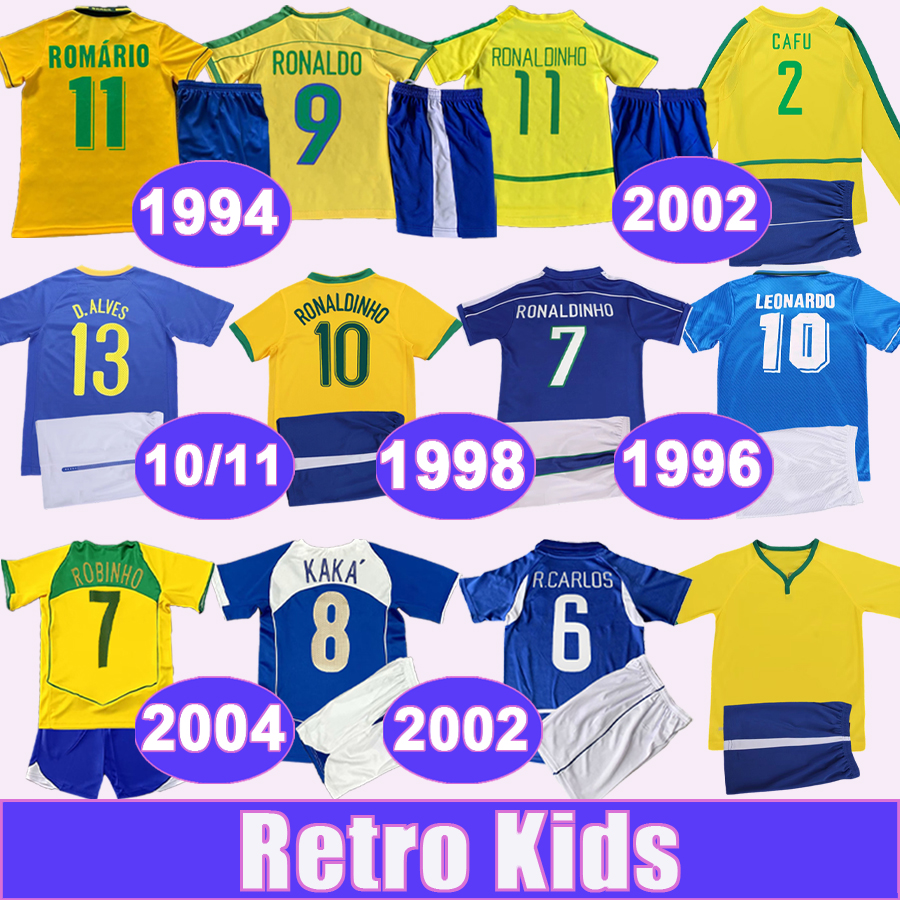 1970 2011 ROMARIO Retro Kids Kit Soccer Jerseys LEONARDO 70 80 94 98 Home Yellow Away Blue Vintage Football Shirts Long Sleeves Vintage Child Unifor