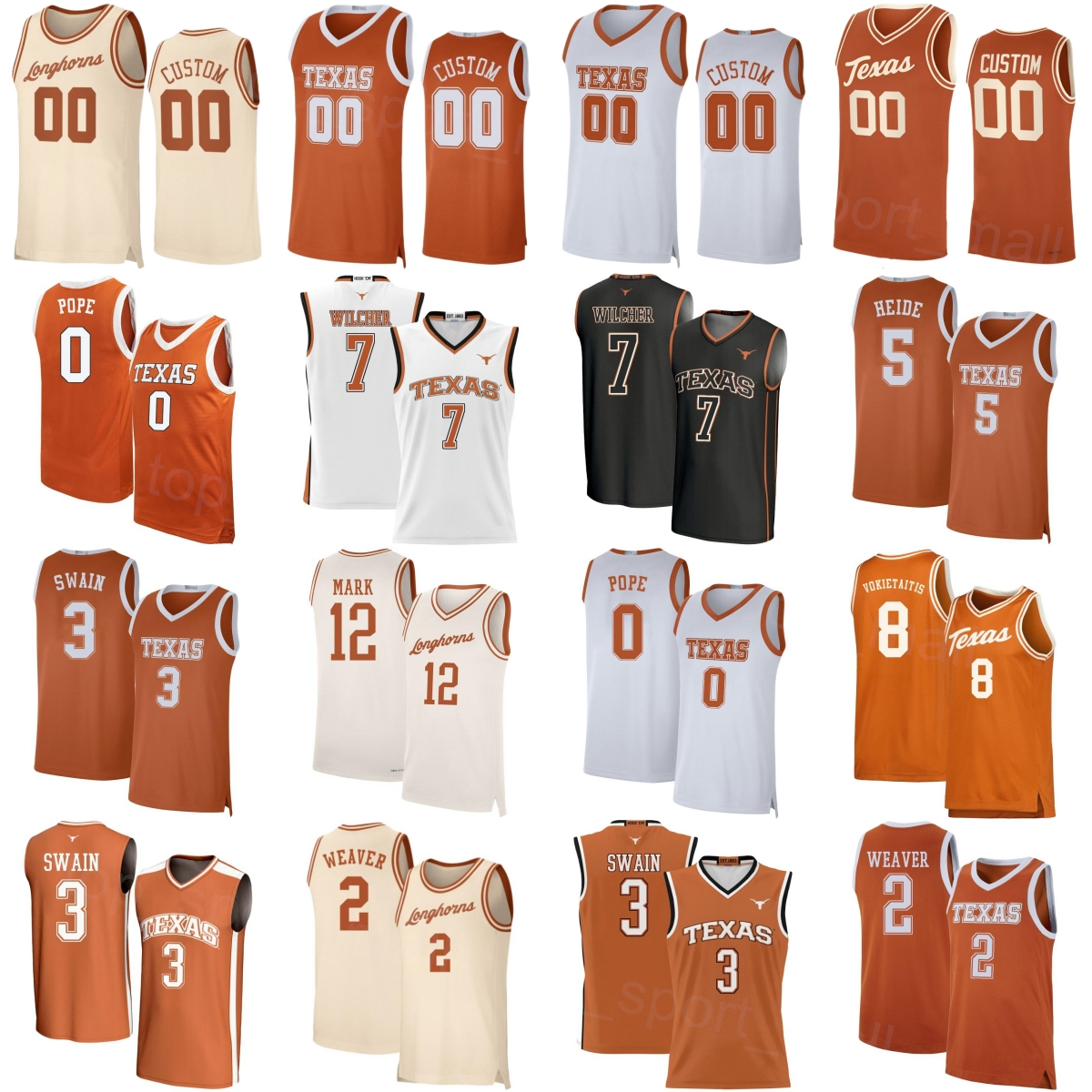 Printed College Basketball Texas Longhorns Jersey 3 Dailyn Swain 8 Matas Vokietaitis 12 Tramon Mark 7 Simeon Wilcher 2 Chendall Weaver 5 Camden Heid