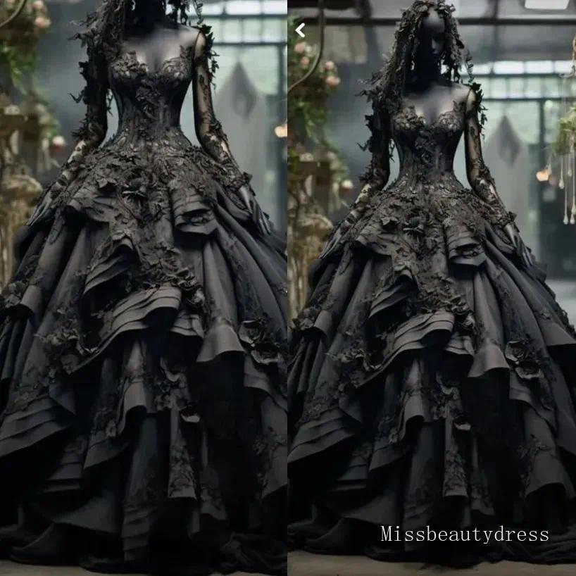 Gothic Style Wedding Dresses Elegant Black Lace A-Line Bridal Gowns with 3D Florals Long Sleeves Plus Size Wedding Gown robe de soiree O16