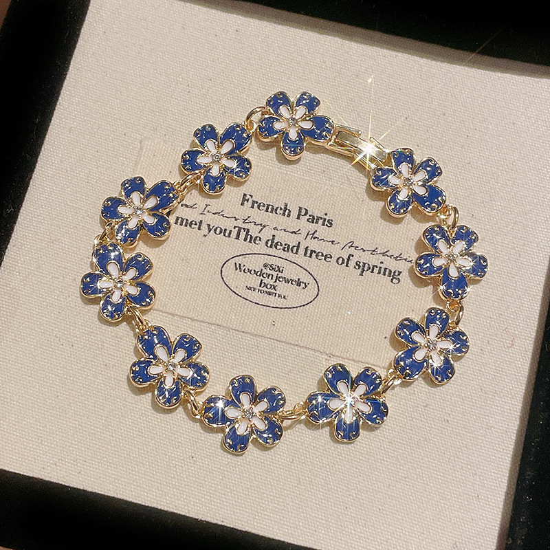 Klein – bracelet floral en émail bleu, incrustation de Zircon, ton doré, pour un usage quotidien