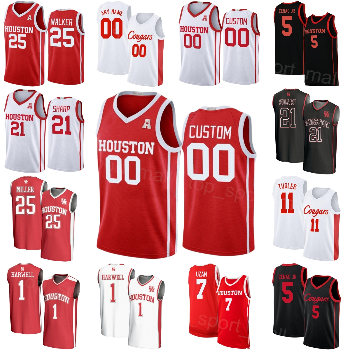 Maillot de basket-ball universitaire imprimé Houston Cougars Jersey 21 Emanuel Sharp 4 Kingston Flemings 7 Milos Uzan 5 Chris Cenac Jr. 11 Joseph