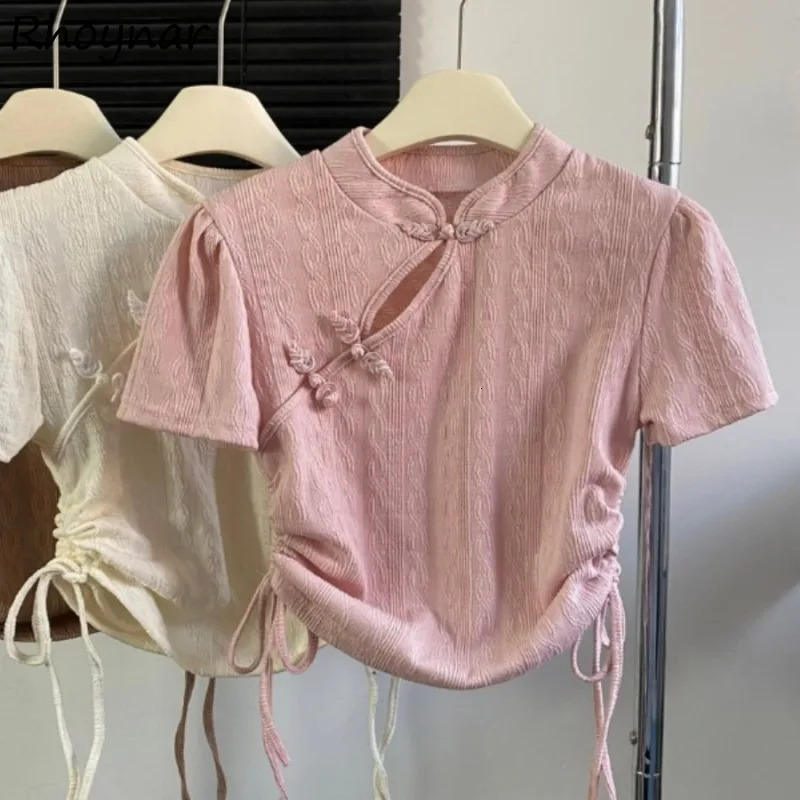 T-shirts à manches courtes solides femmes été filles douces évider bouton col montant chemise recadrée mince Style chinois à la mode 260128