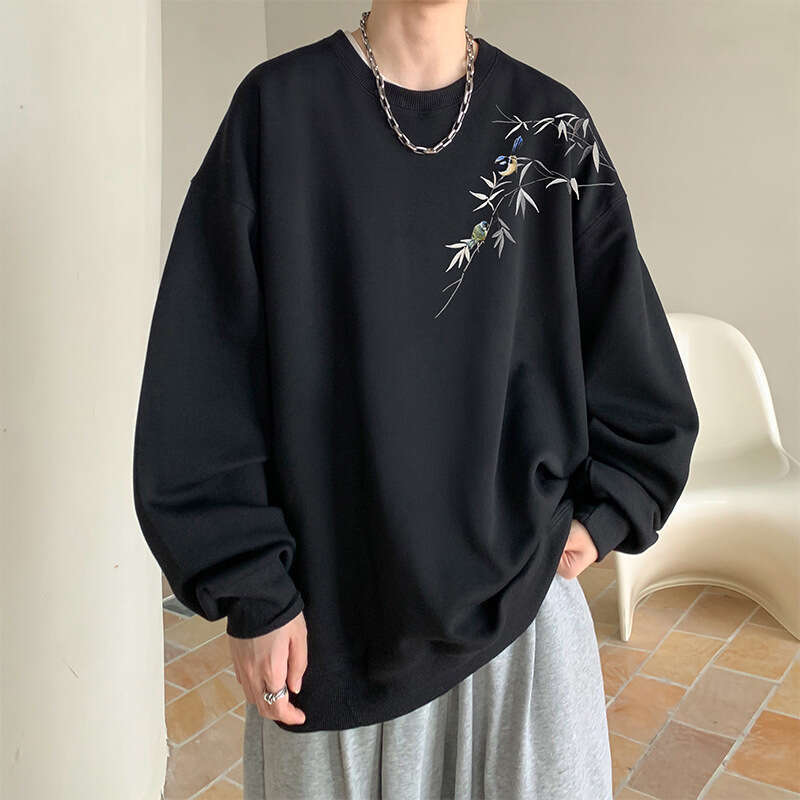 Men's Silk Sweatshirt, Cartoon Black Tie-Dye Pullover Top with Long Sleeves, Shawl Collar and Branch Embroidery - Longline Casual Daily Outfit Sh
