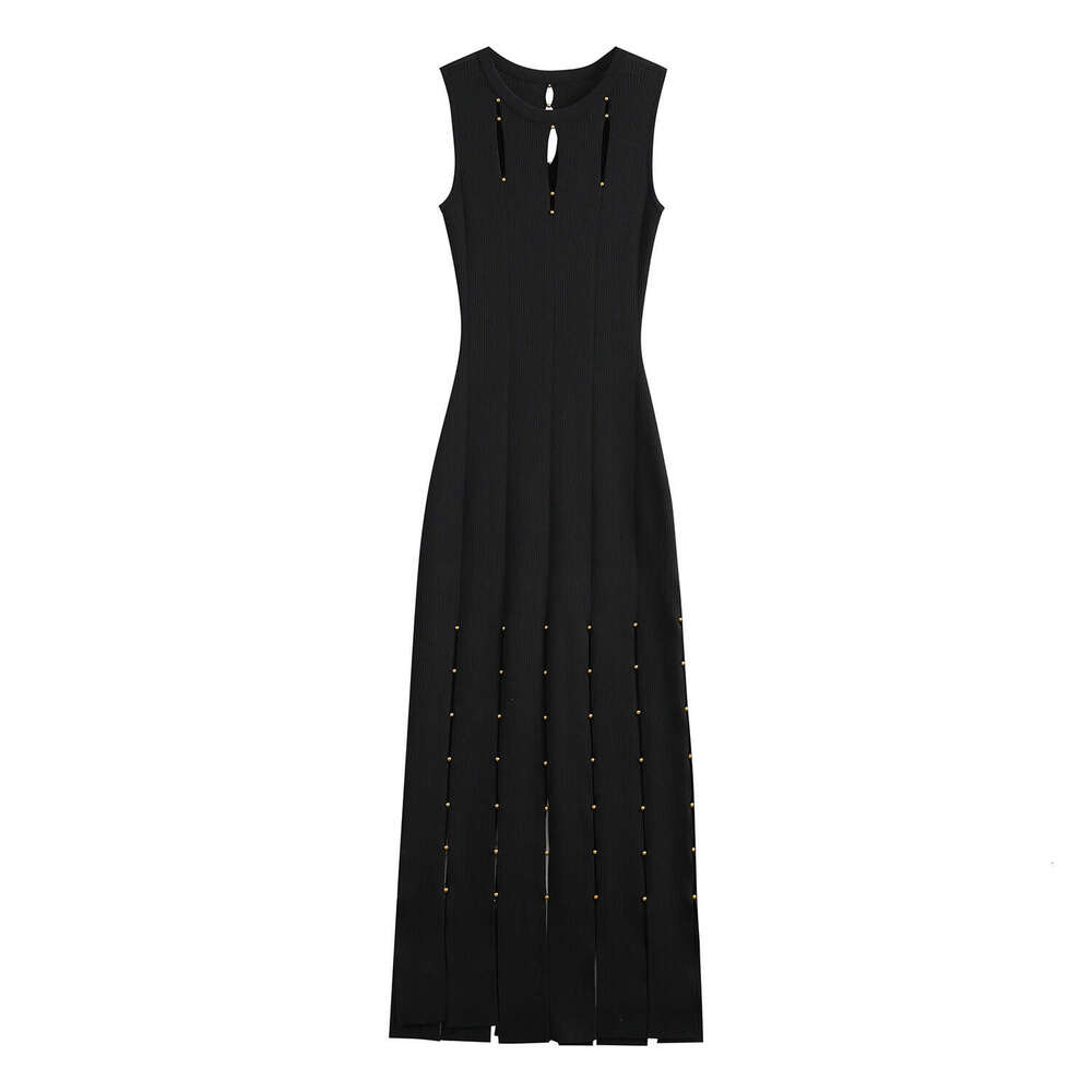 Robe française sans manches, fente française, couleur unie, bord de pompon, perles dorées, ceinture M19, avec lacets, haut de gamme, slim fit, no