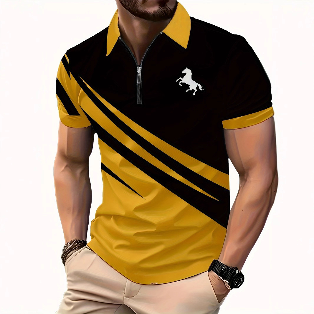 Luxury Brand Designer Clothes Color-Block Summer New 3D Printed Turn-Down Collar Short Sleeve Pullover Casual Mens T-Shirt Zipper Polo Shirt One-Pie
