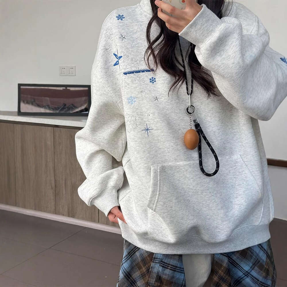 Cross-Border Foreign Trade Embroidered Hooded Sweatshirt For Women, Autumn New Loose Casual Gray Pullover Top Jacket Trend