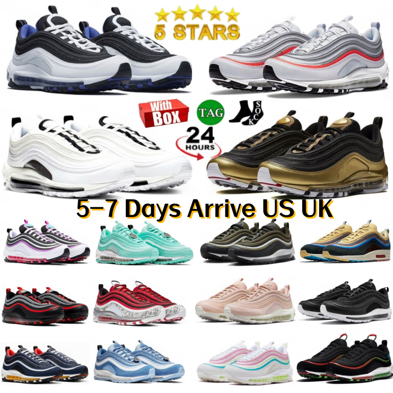 Chaussures de créateurs 97 97s Chaussures de course Baskets Jésus Satan Futura Triple Noir Blanc Argent Crème Olive Volt Crucifix Bred Sail Auror
