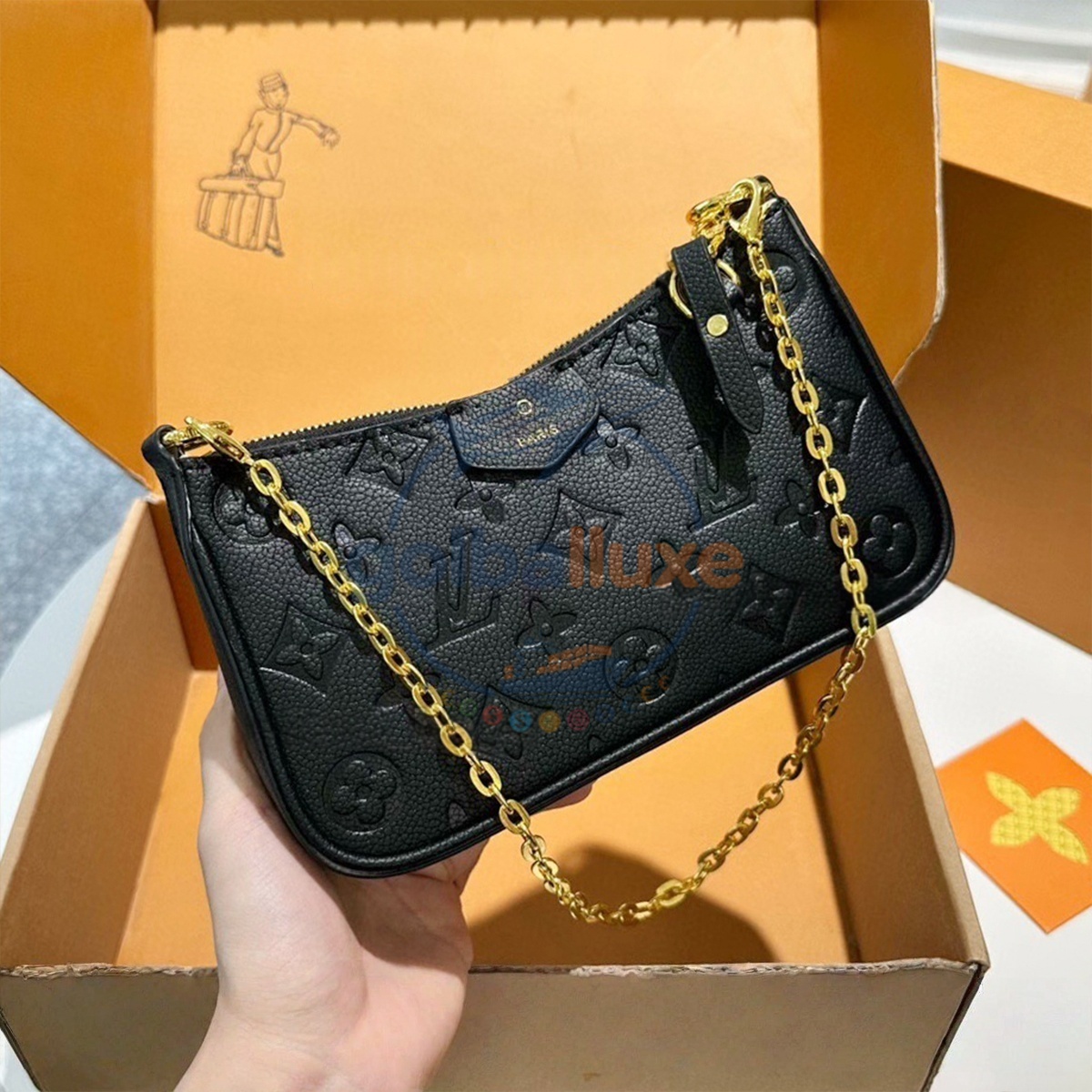 Easy Designer Ladies Letter embossed Shoulder Cowhide leather Luxury High Quality Women's Handbag Purse Metal chain Crossbody Bag Black Classic