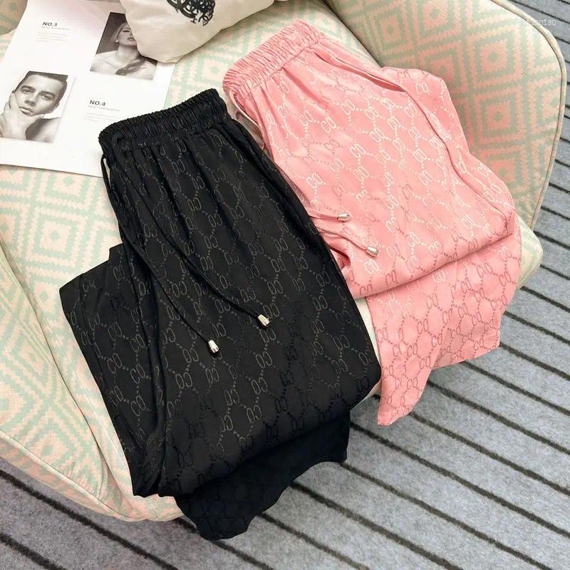 Womens Pants Summer Fashion Letter Thin Cool Feeling Wide Leg Women Vintage Loose Soft Comfortable Elastic Waist Long Trousers