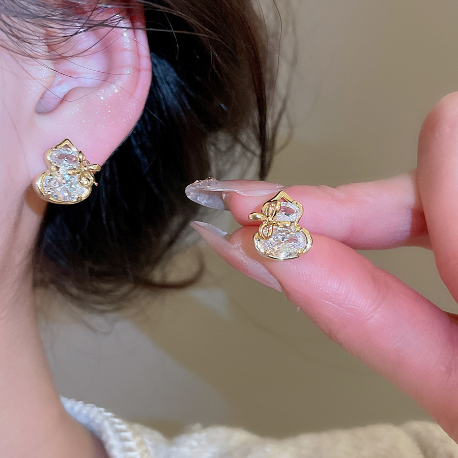 Real Gold Plated Silver Needle Zircon Gourd New Chinese Style Niche Elegant Versatile Earrings Light Luxury High-end Feel Ear Jewelry-image-1093545121