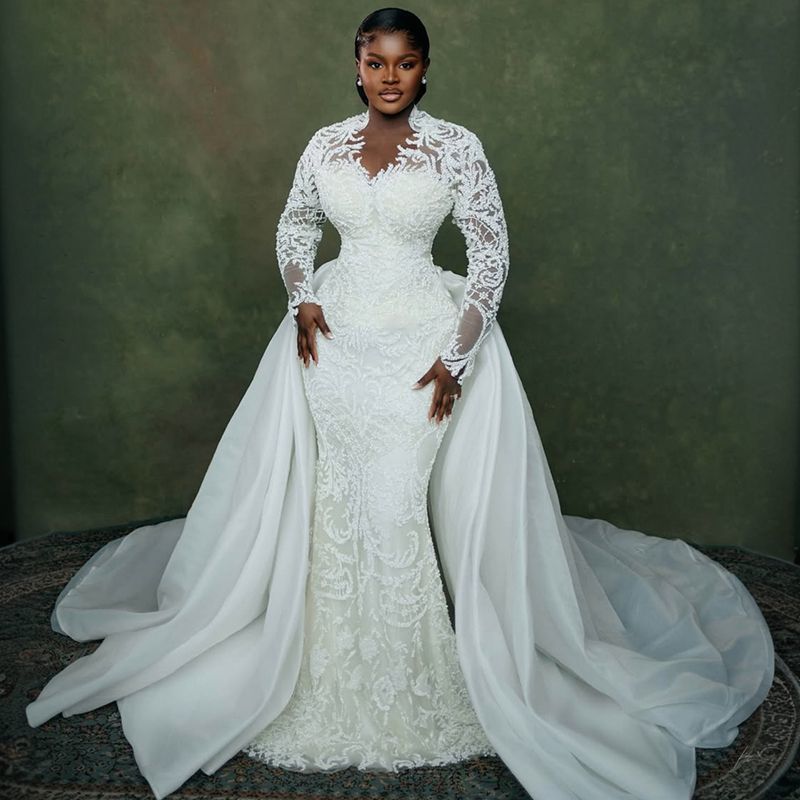 Plus Size Mermaid Wedding Dress With Illusion Details Detachable Train And Long Sleeves 2026 Youmaiwedding