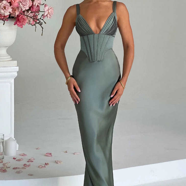 Elegant V-neck Fishbone Sleeveless Slip Dress for Women 2025 Spring Summer New Sexy Backless Satin Slim Fit Bodycon Dress T260129