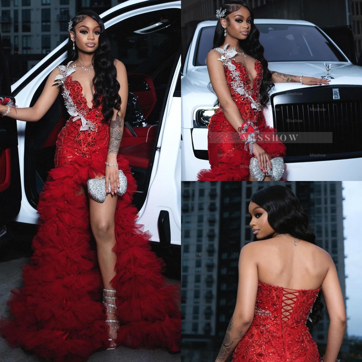 2026 Red Mermaid Prom Dresses Silver Floral Applique Beaded Sheer Tulle Layered Ruffles Split Evening Dress Formal Party Gowns For Black Gilrs BC