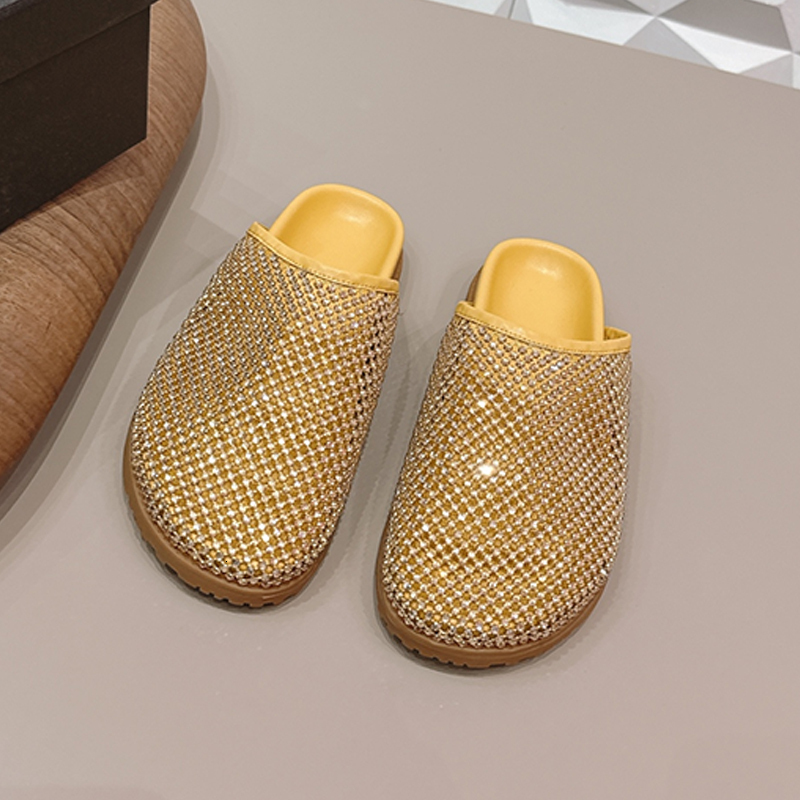 Sandales mules de styliste pour femmes, demi-pantoufles luxueuses en cristal, sabots en bois ajourés, sandales plates respirantes en maille, 1037
